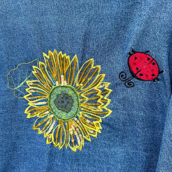 Tantrums Denim Jacket Embroidered Floral Sequin Button Up Medium - Picture 7 of 9